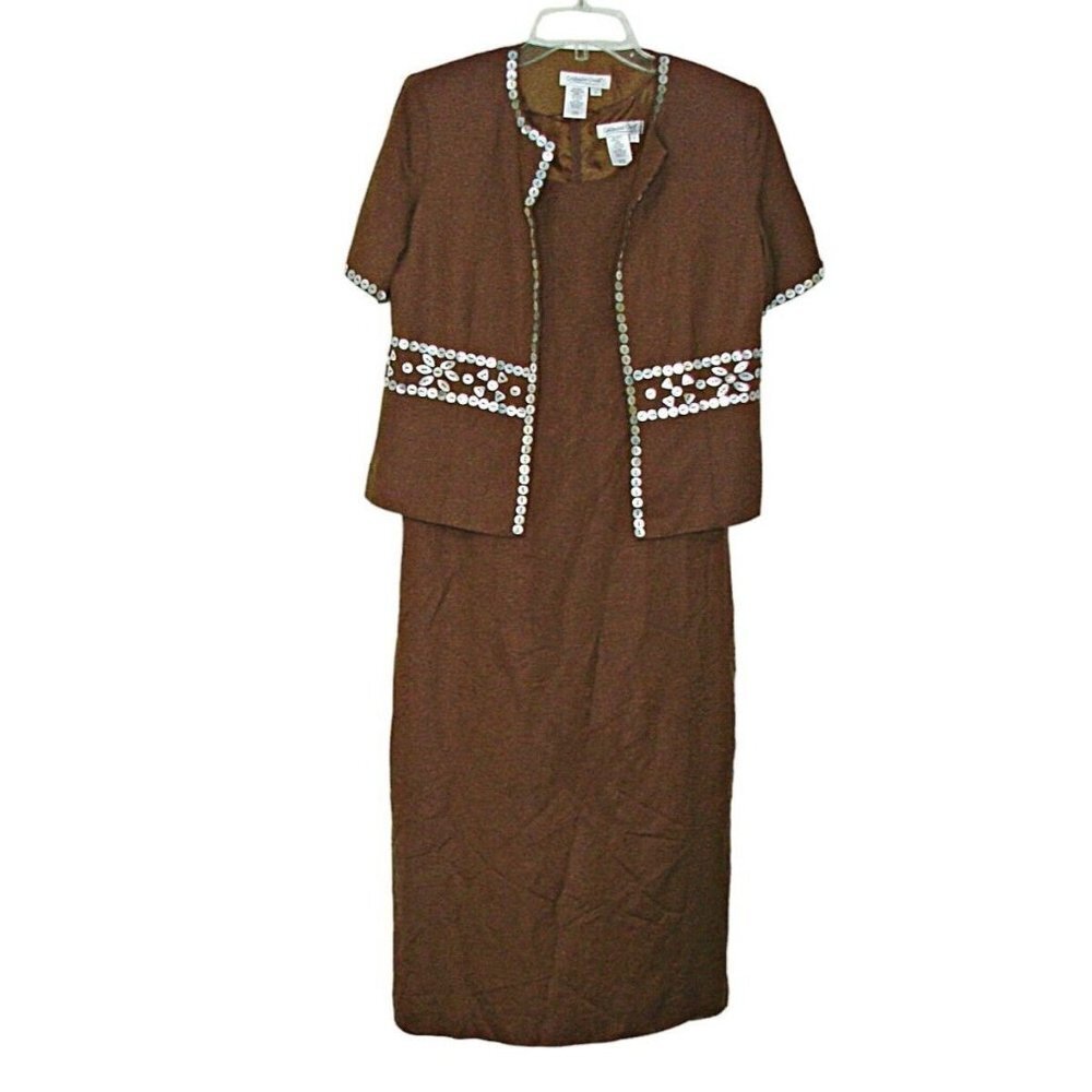 Coldwater Creek Linen Dress Suit and Jacket Brown Womens Sz 6 MOP Embellishments